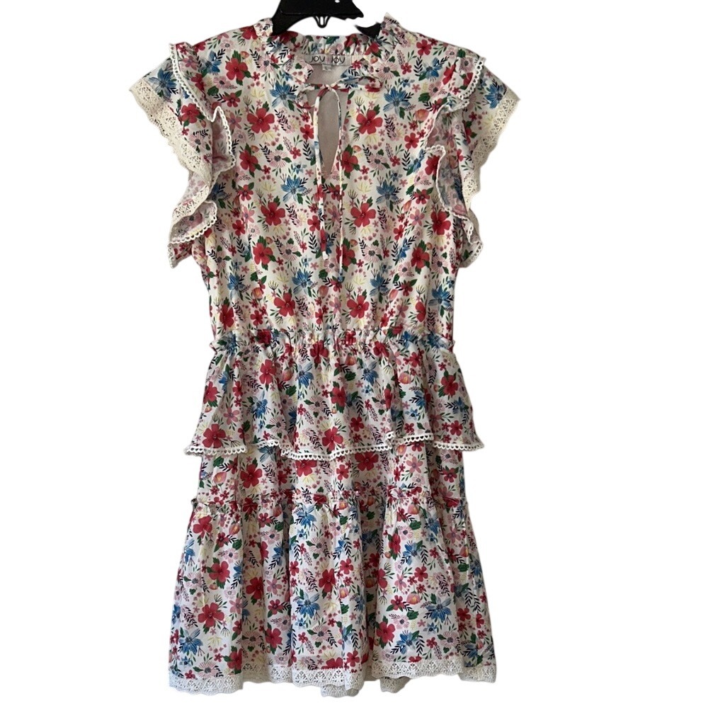 Joy Joy Cream Floral Tiered‎ Dress with Red & Blue Blooms